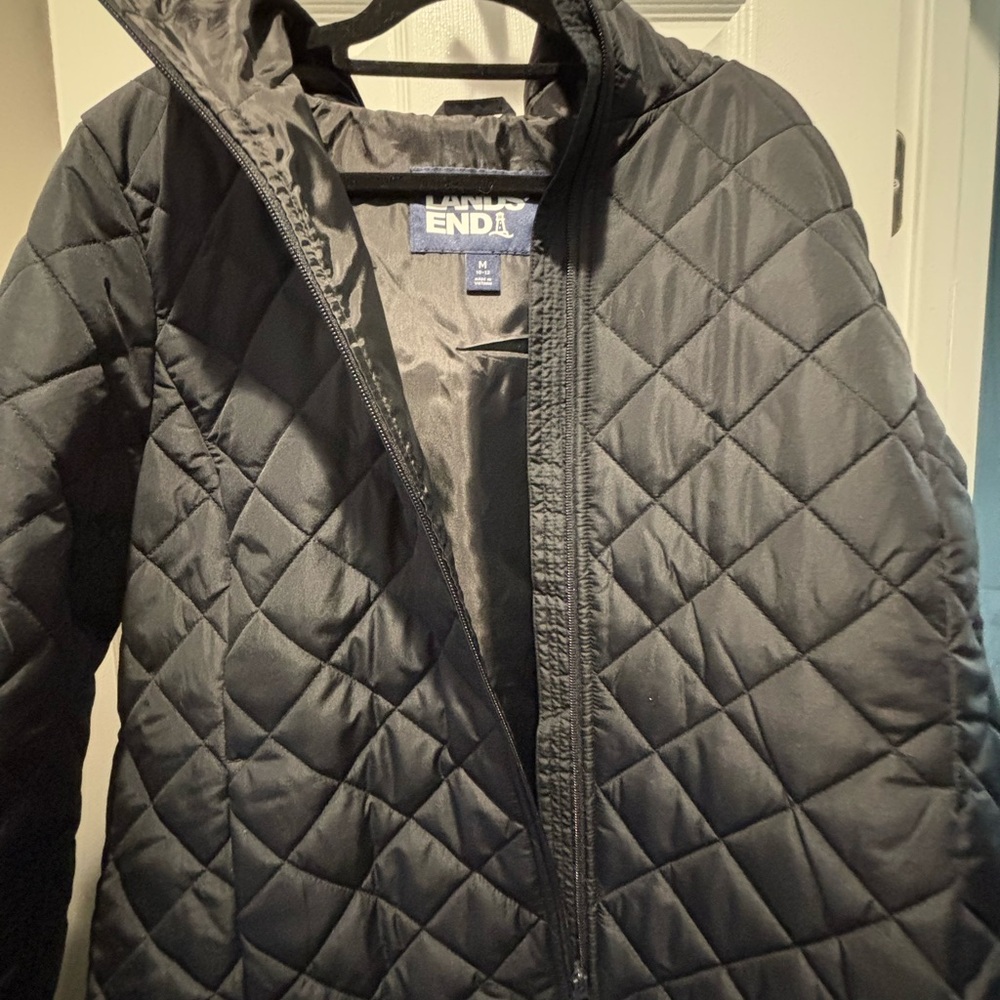 Lands End Feather Free Black Hooded Quilted Jacket, bought 2025, only worn once!